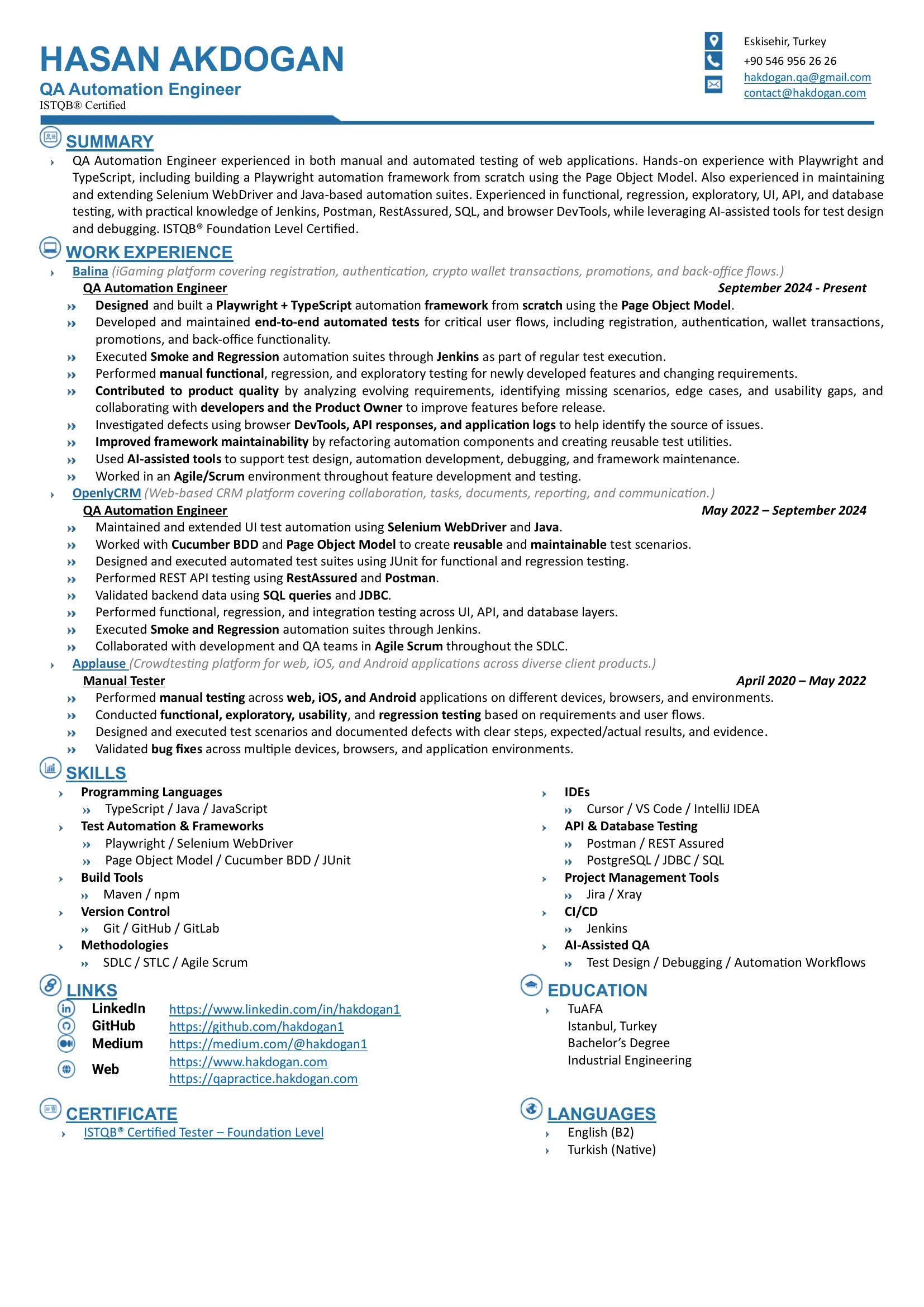 Resume of Hasan Akdogan, QA Automation Engineer